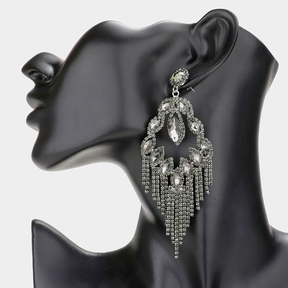 Long Black Diamond Crystal Fringe Chandelier Pageant Earrings  | Prom Jewelry