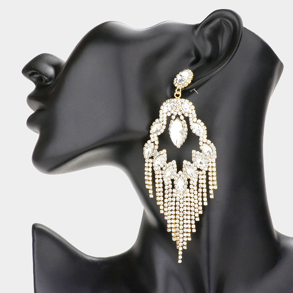 Long Clear Crystal Fringe Chandelier Pageant Earrings on Gold| Prom Jewelry