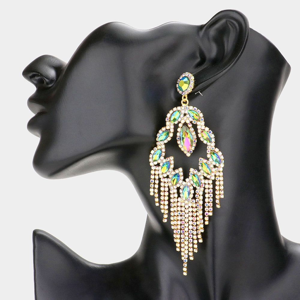 Long Multi-Color Crystal Fringe Chandelier Pageant Earrings  | Prom Jewelry