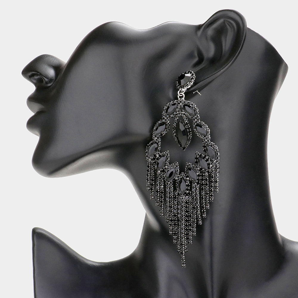 Long Jet Black Crystal Fringe Chandelier Pageant Earrings  | Prom Jewelry