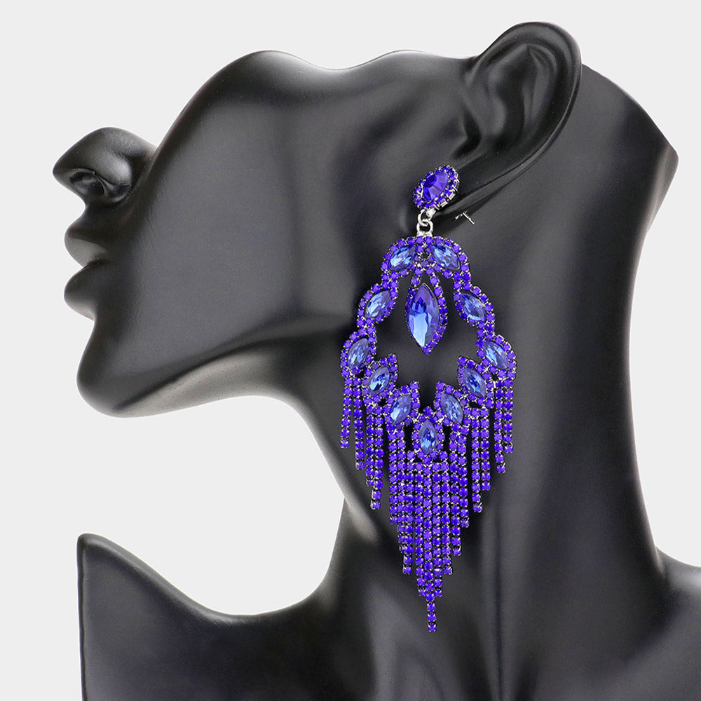Long Sapphire Crystal Fringe Chandelier Pageant Earrings  | Prom Jewelry