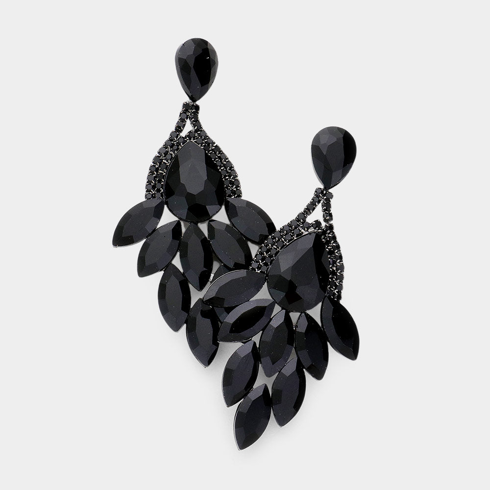 Jet Black Teardrop Accented Marquise Stone Cluster Stone Pageant Chandelier Earrings | Prom Earrings