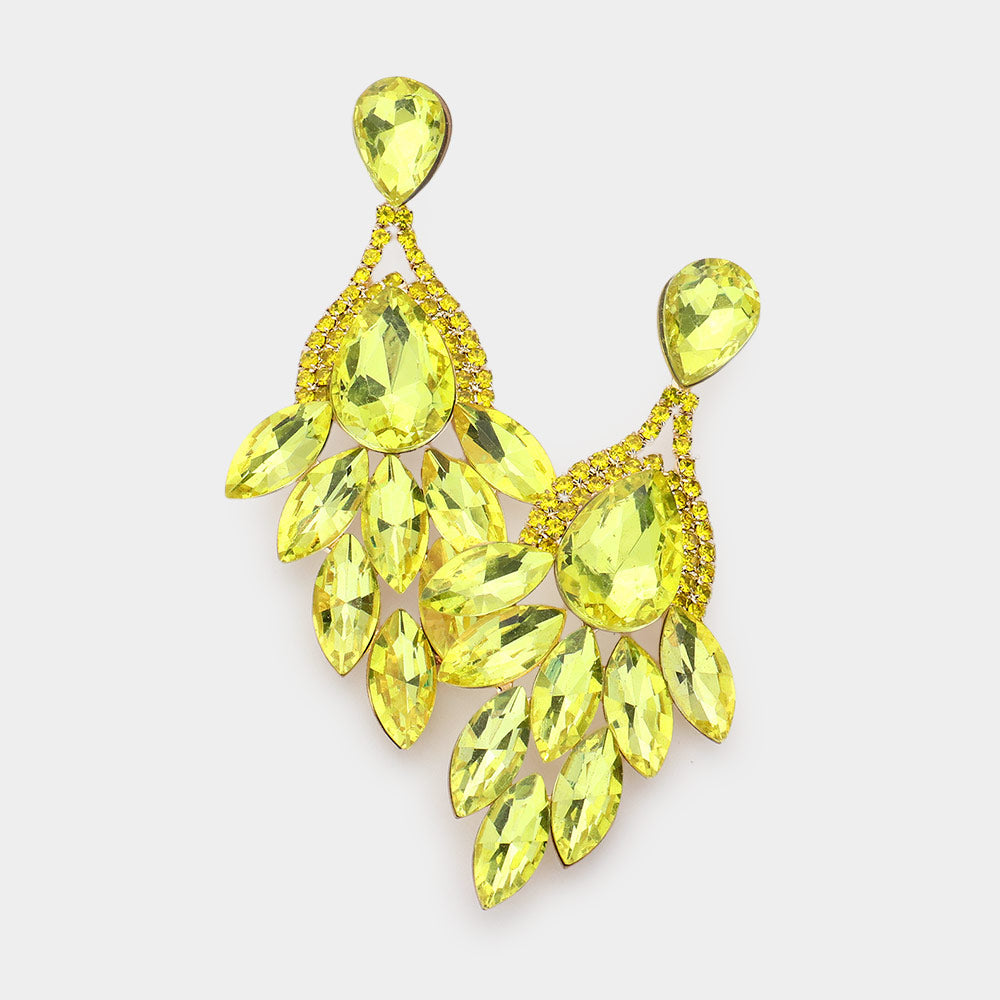 Yellow Teardrop Accented Marquise Stone Cluster Stone Pageant Chandelier Earrings  | Prom Earrings