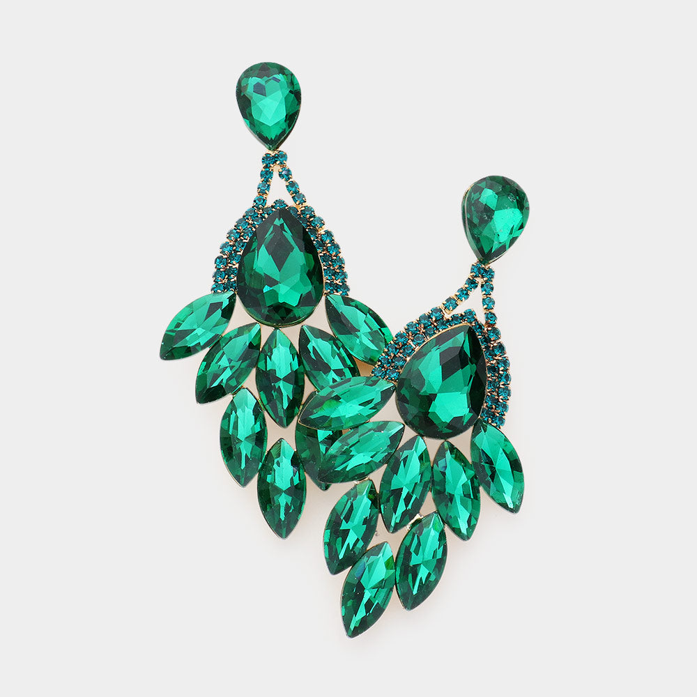 Emerald Teardrop Accented Marquise Stone Cluster Stone Pageant Chandelier Earrings   | Prom Earrings