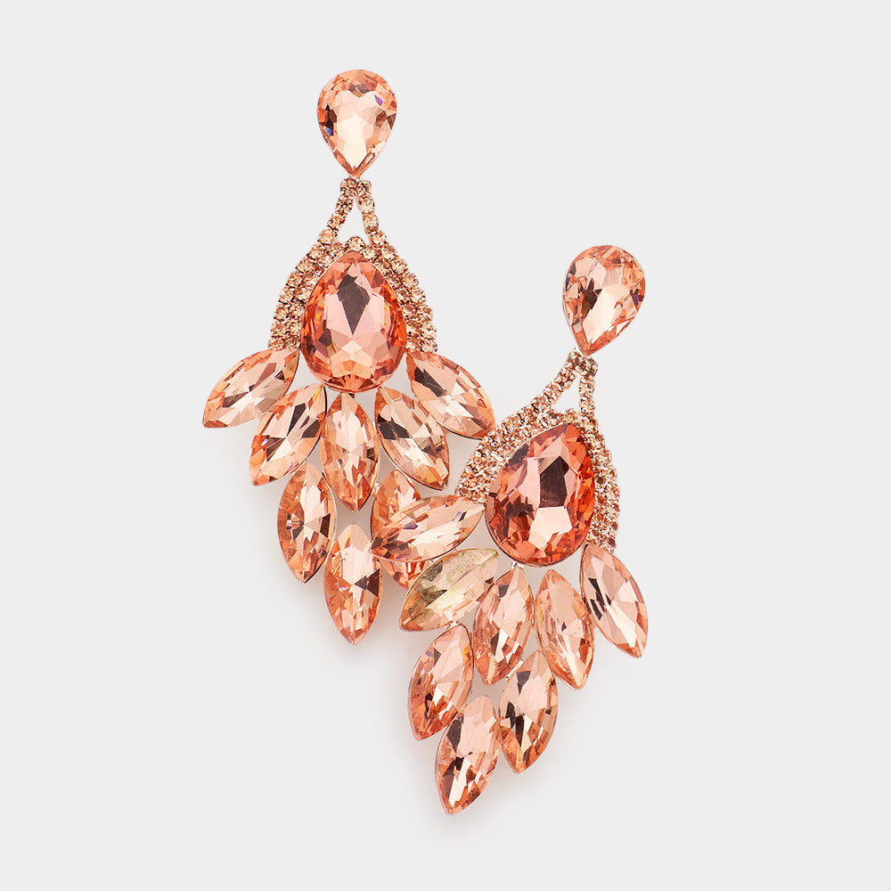 Peach Teardrop Accented Marquise Stone Cluster Stone Pageant Chandelier Earrings   | Prom Earrings