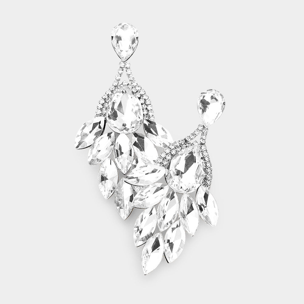 Clear Teardrop Accented Marquise Stone Cluster Stone Pageant Chandelier       Earrings   | Prom Earrings