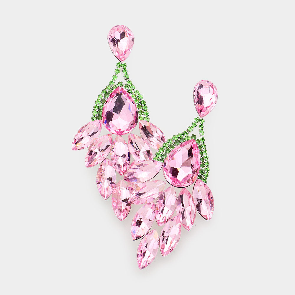 ﻿Pink & Green Teardrop Accented Marquise Stone Cluster Stone Pageant Chandelier Earrings   | Prom Earrings