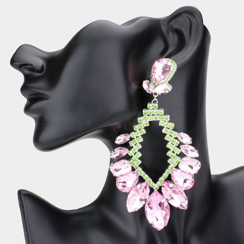 Pink & Green Crystal Multi Stone Statement Pageant Earrings   | Pageant Jewelry