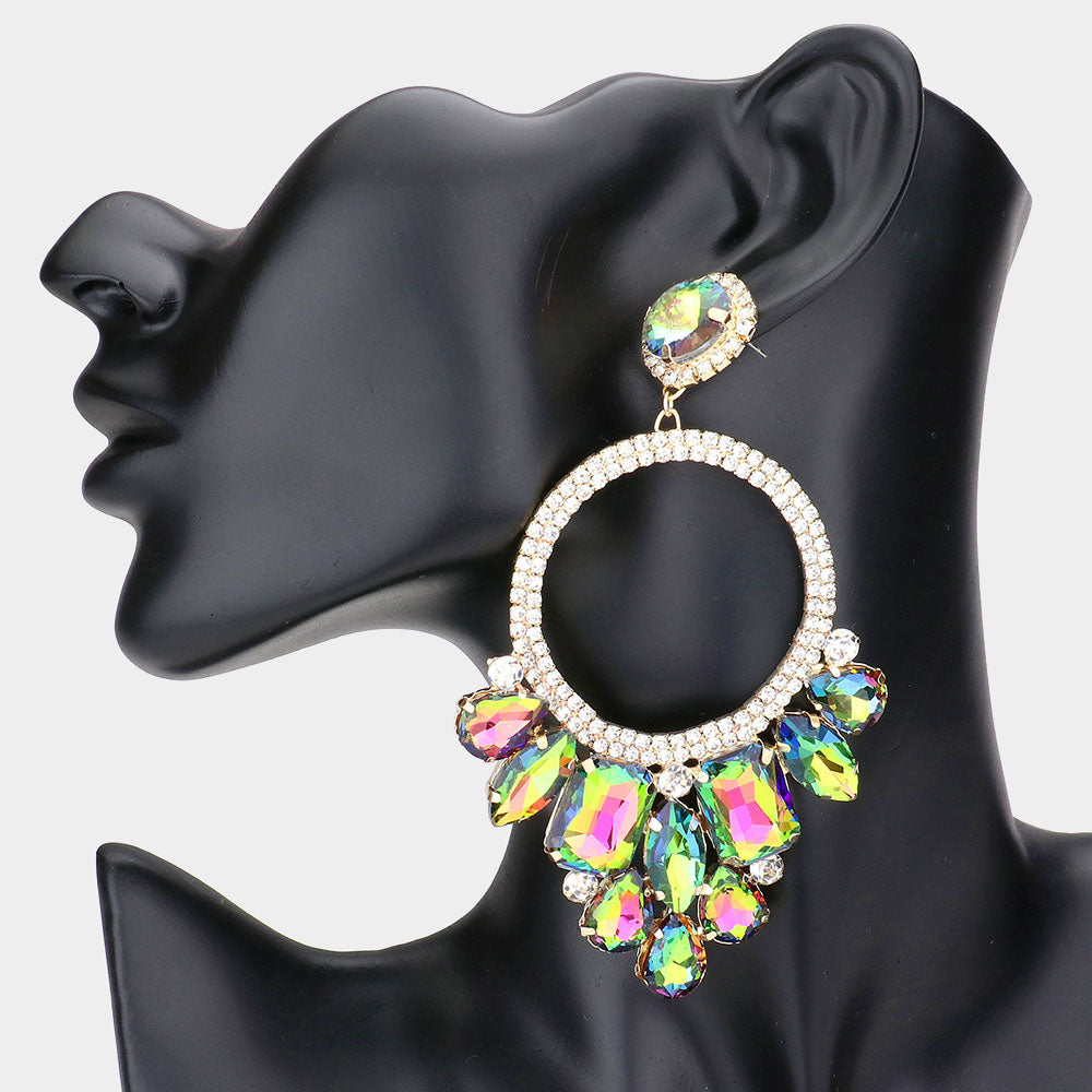 Multi-Color Crystal Multi Stone Open Circle Pageant Earrings | Prom Earrings