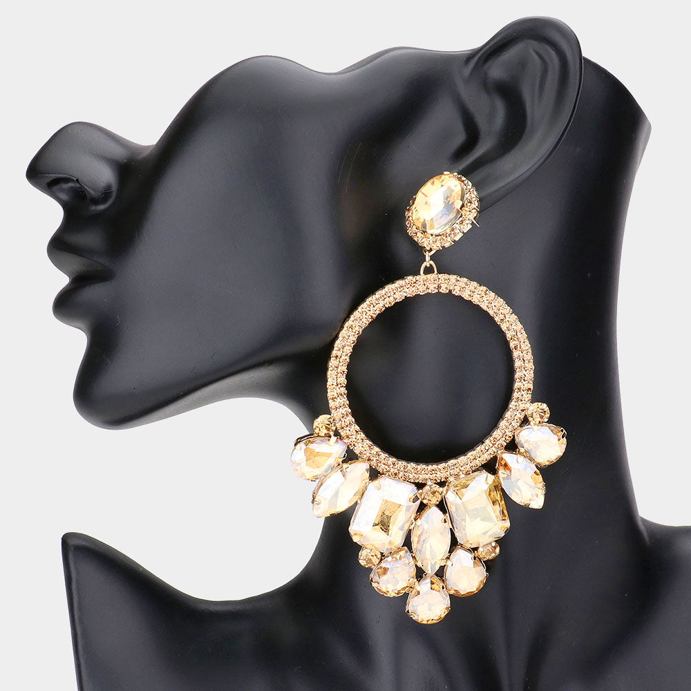 Light Topaz Crystal Multi Stone Open Circle Pageant Earrings | Prom Earrings