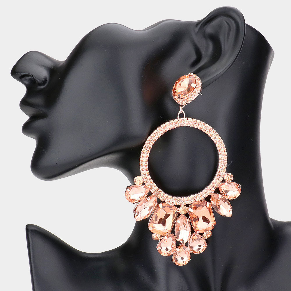 Peach Crystal Multi Stone Open Circle Pageant Earrings | Prom Earrings