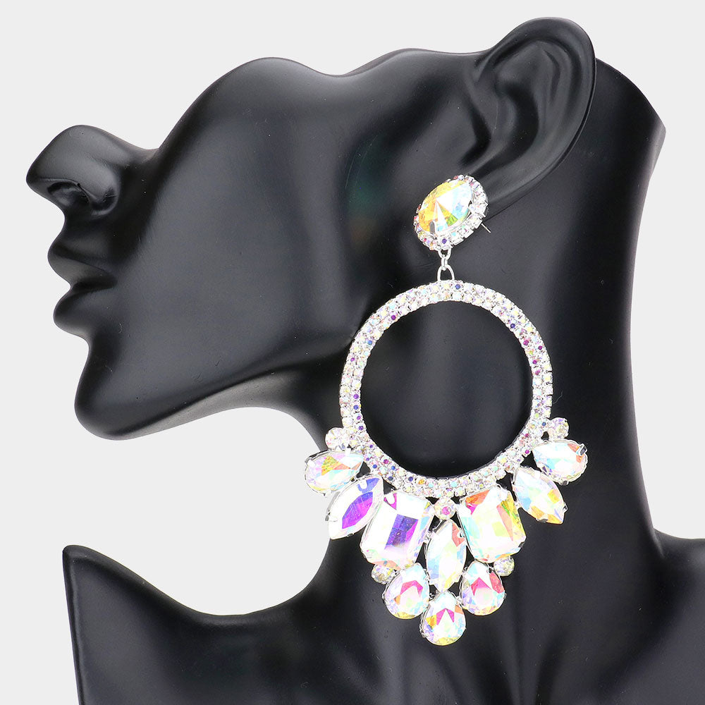 AB Crystal Multi Stone Open Circle Pageant Earrings | Prom Earrings