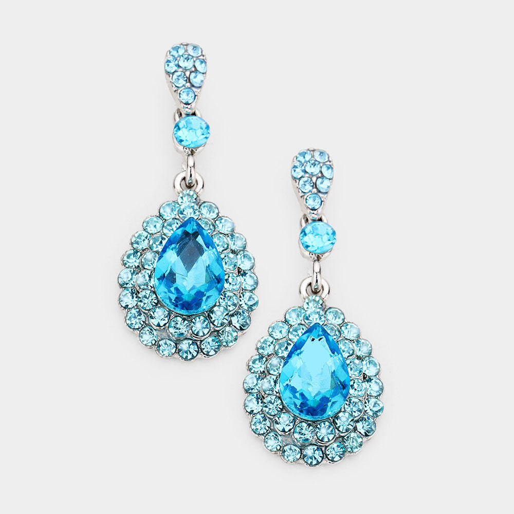 Little Girls Aqua Rhinestone and Teardrop Earrings