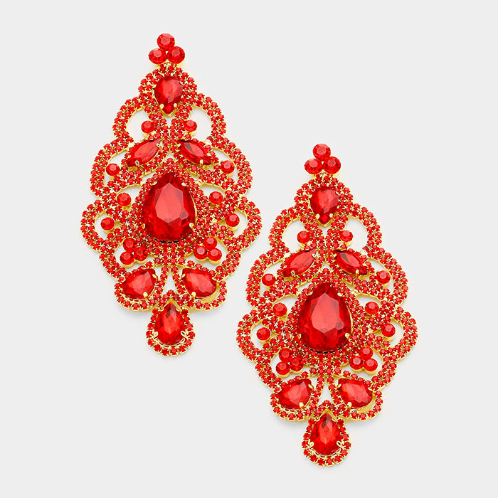 Large Red Crystal and Rhinestone Chandelier Earrings