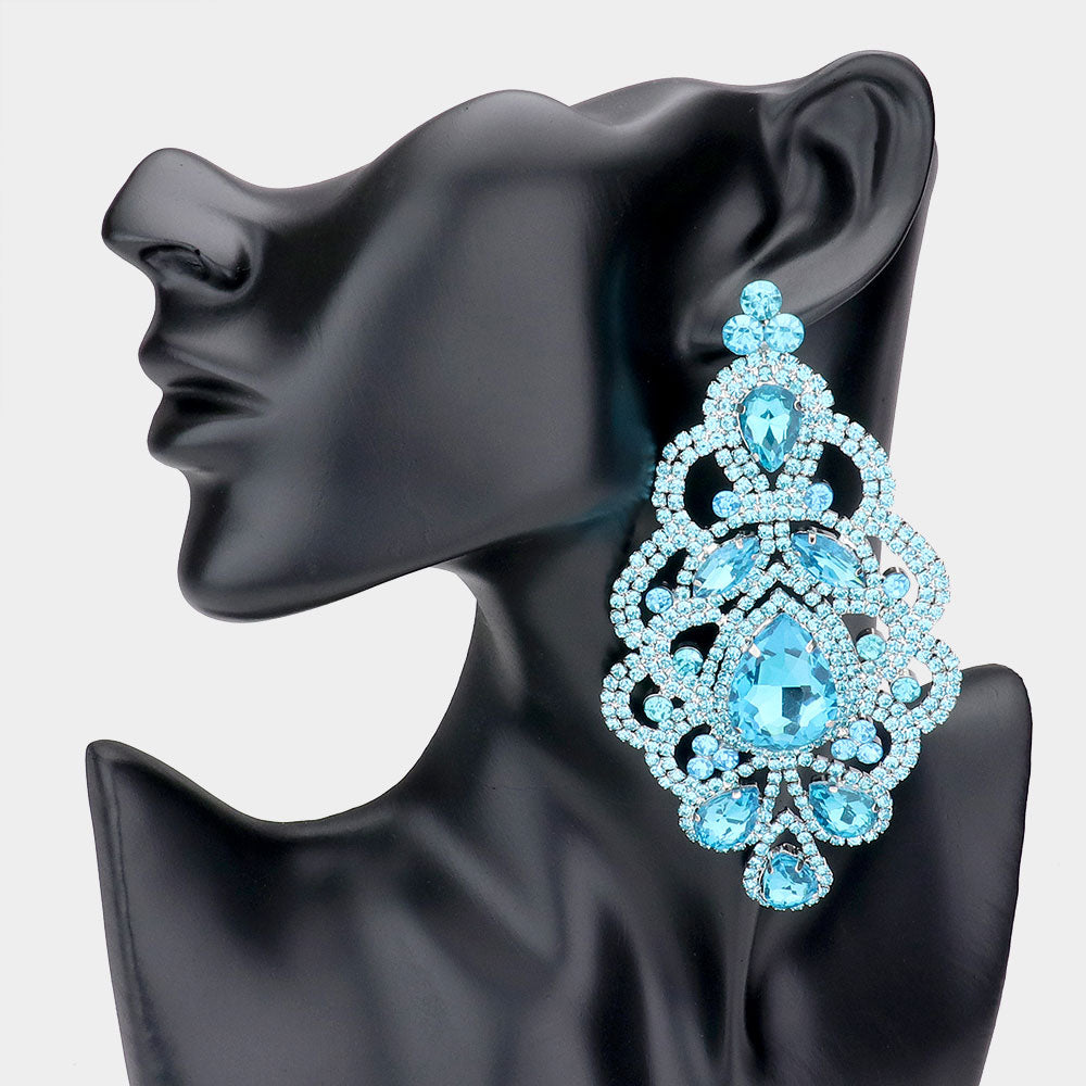 Large Aqua Crystal and Rhinestone Chandelier Evening Earrings
