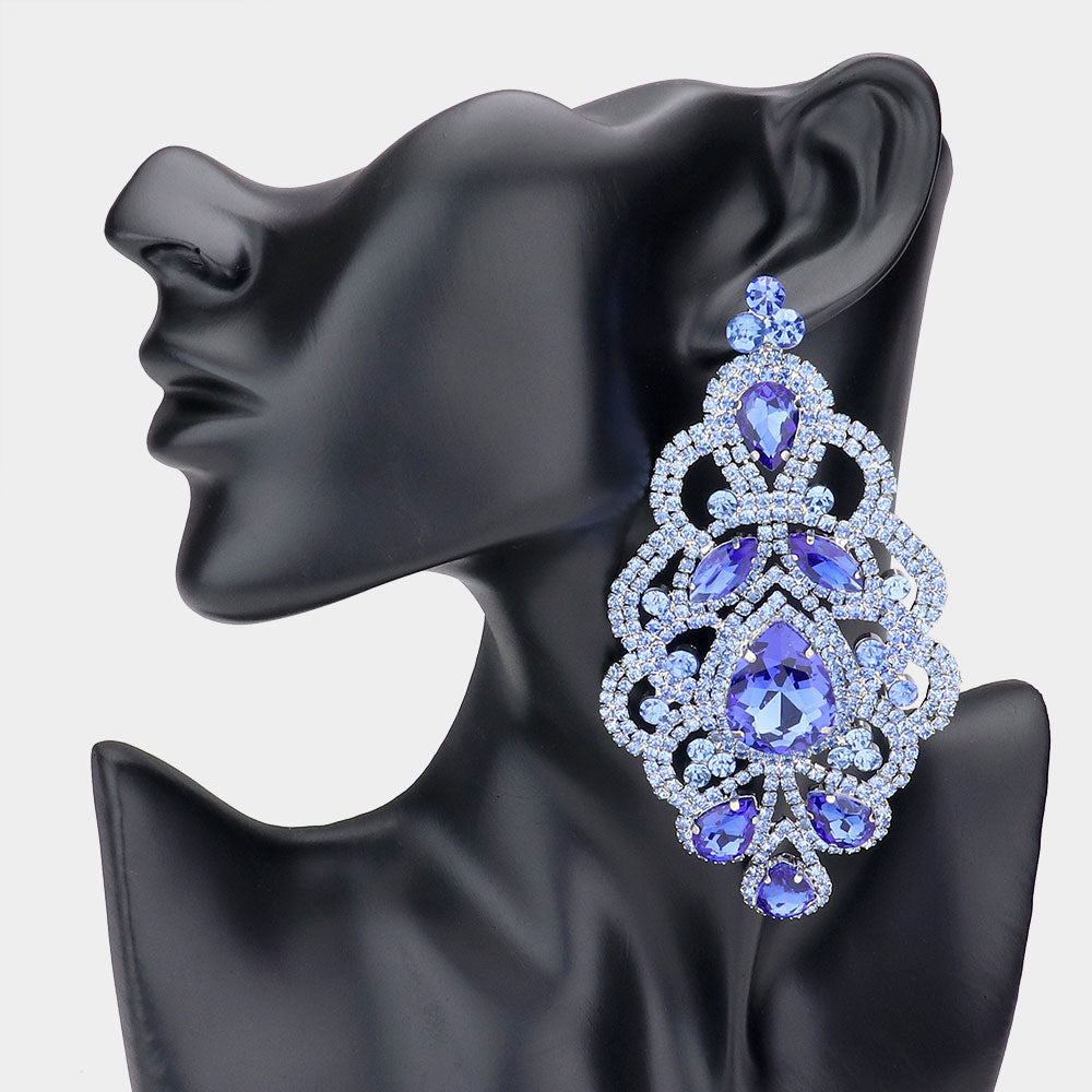 Large Light Blue Crystal and Rhinestone Chandelier Evening Earrings