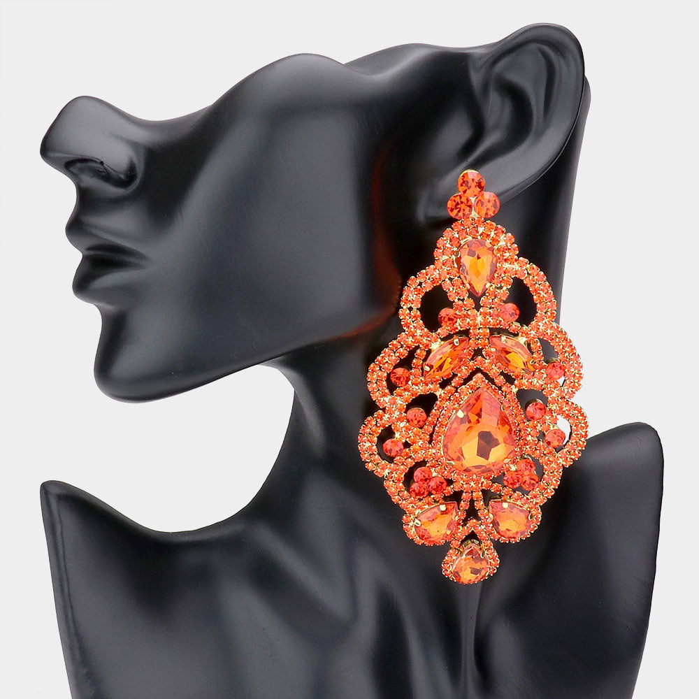 Large Orange Crystal and Rhinestone Chandelier Evening Earrings