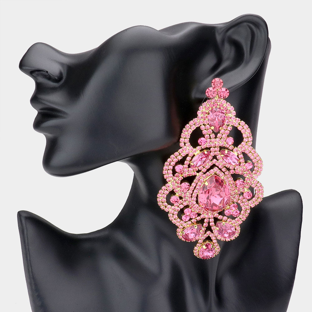 Large Pink Crystal and Rhinestone Chandelier Evening Earrings