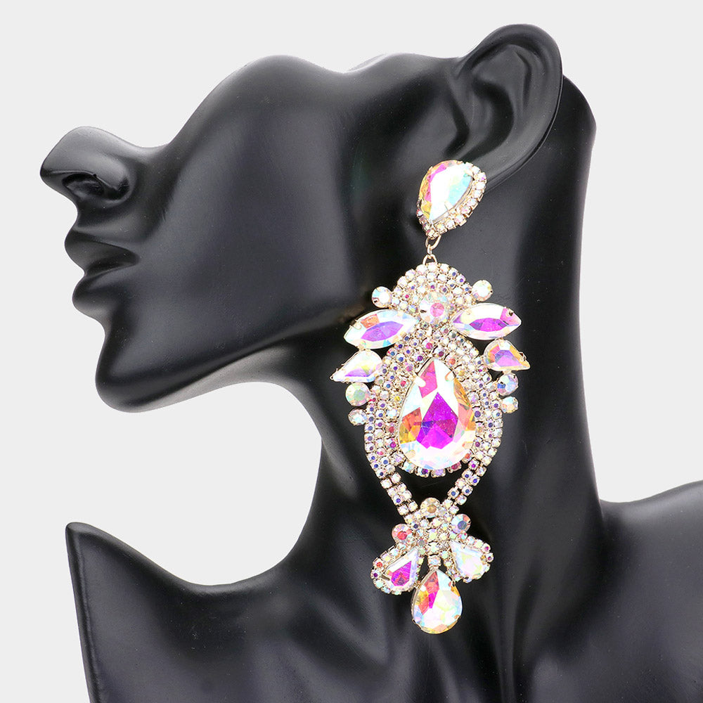 AB Oversized Multi Stoned Crystal Chandelier Pageant Earrings on Gold | Statement Earrings