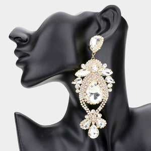 Clear Oversized Multi Stoned Crystal Chandelier Pageant Earrings on Gold | Statement Earrings