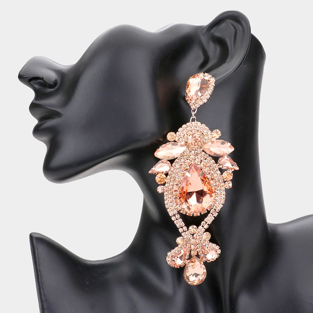 Peach Oversized Multi Stoned Crystal Chandelier Pageant Earrings  | Statement Earrings