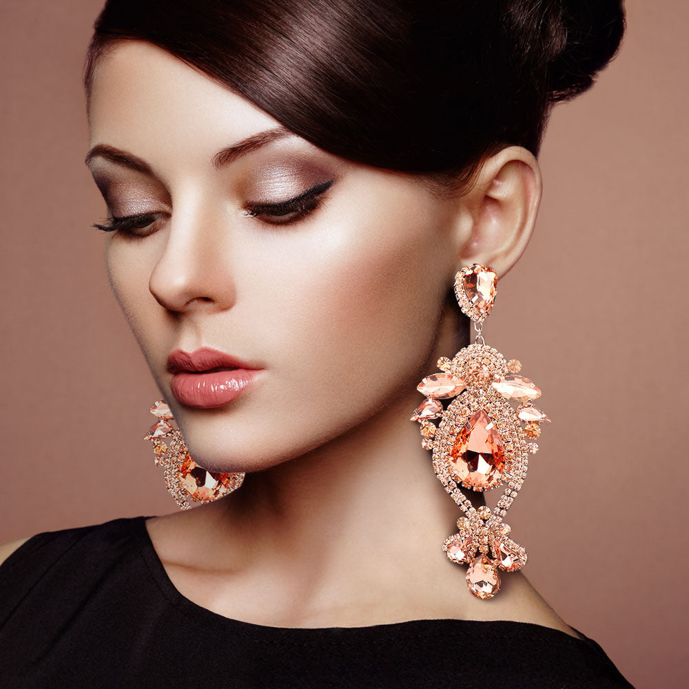 Peach Oversized Multi Stoned Crystal Chandelier Pageant Earrings