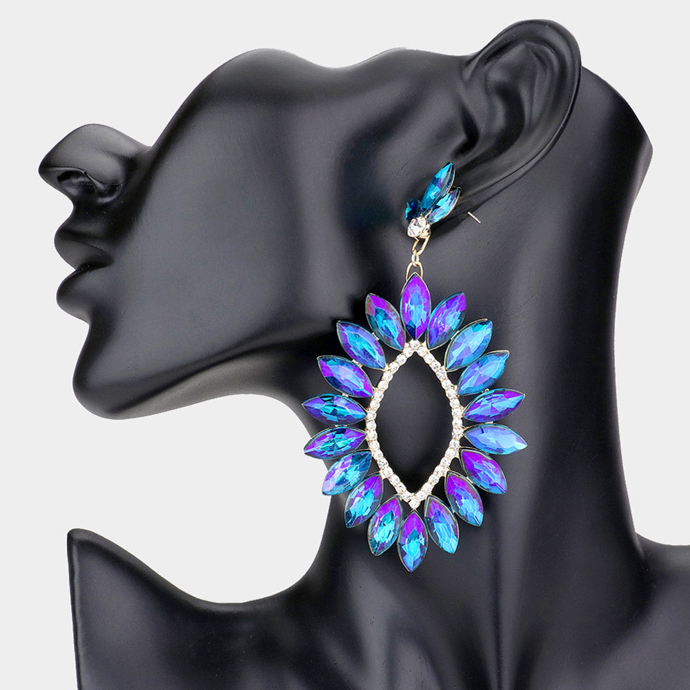 Blue AB Marquise Stone Cluster Open Center Earrings | Pageant Earrings