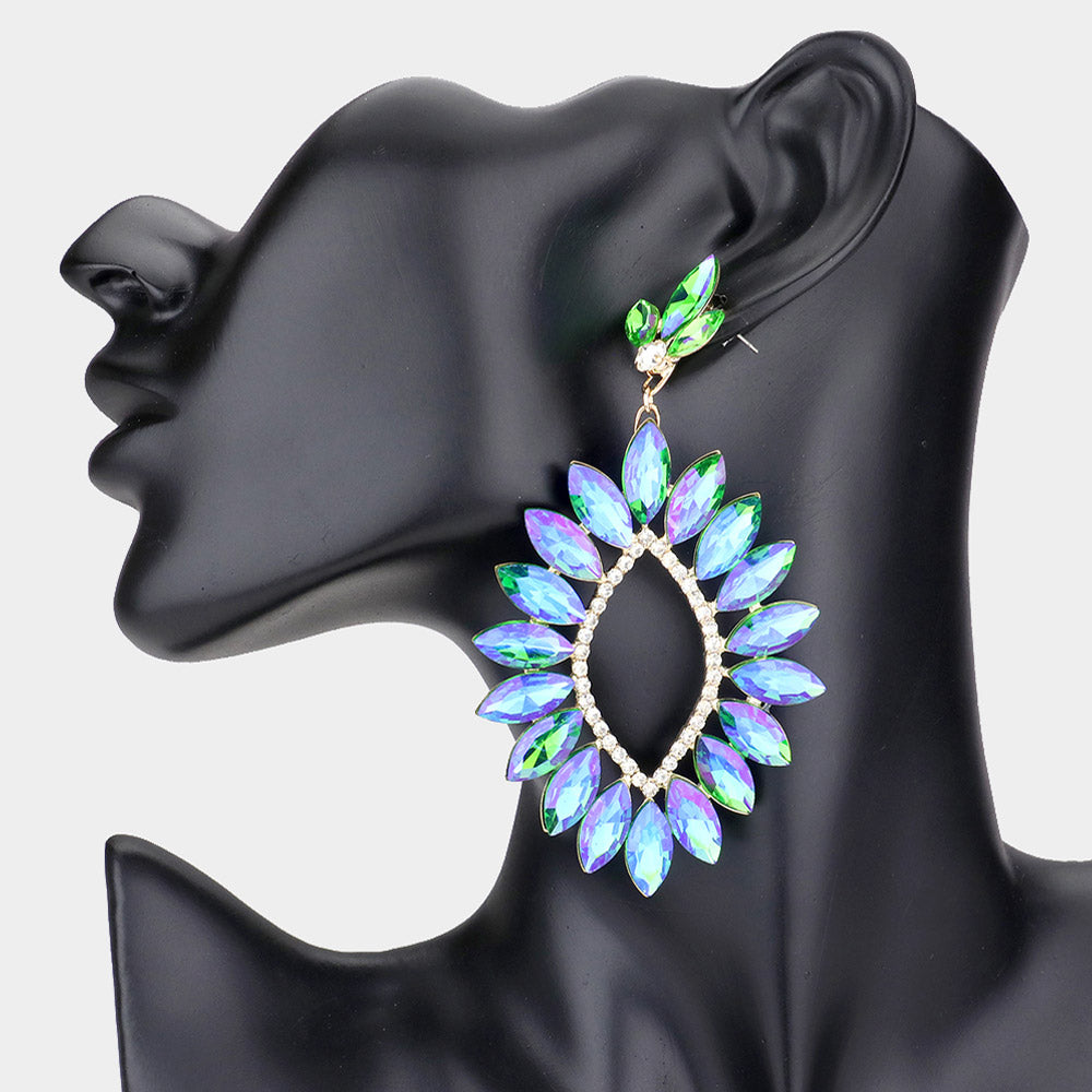 Green AB Marquise Stone Cluster Open Center Earrings  | Pageant Earrings