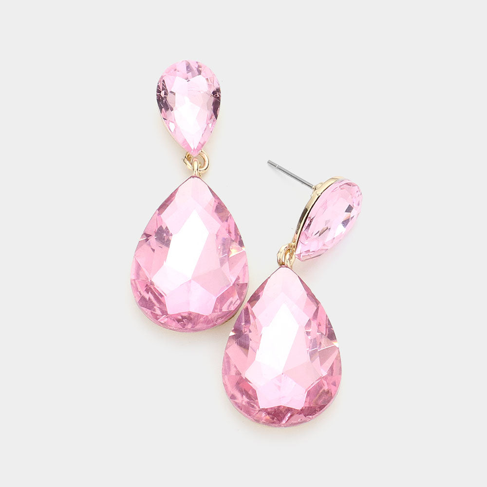 Pink Crystal Double Teardrop Pageant Earrings for Little Girls