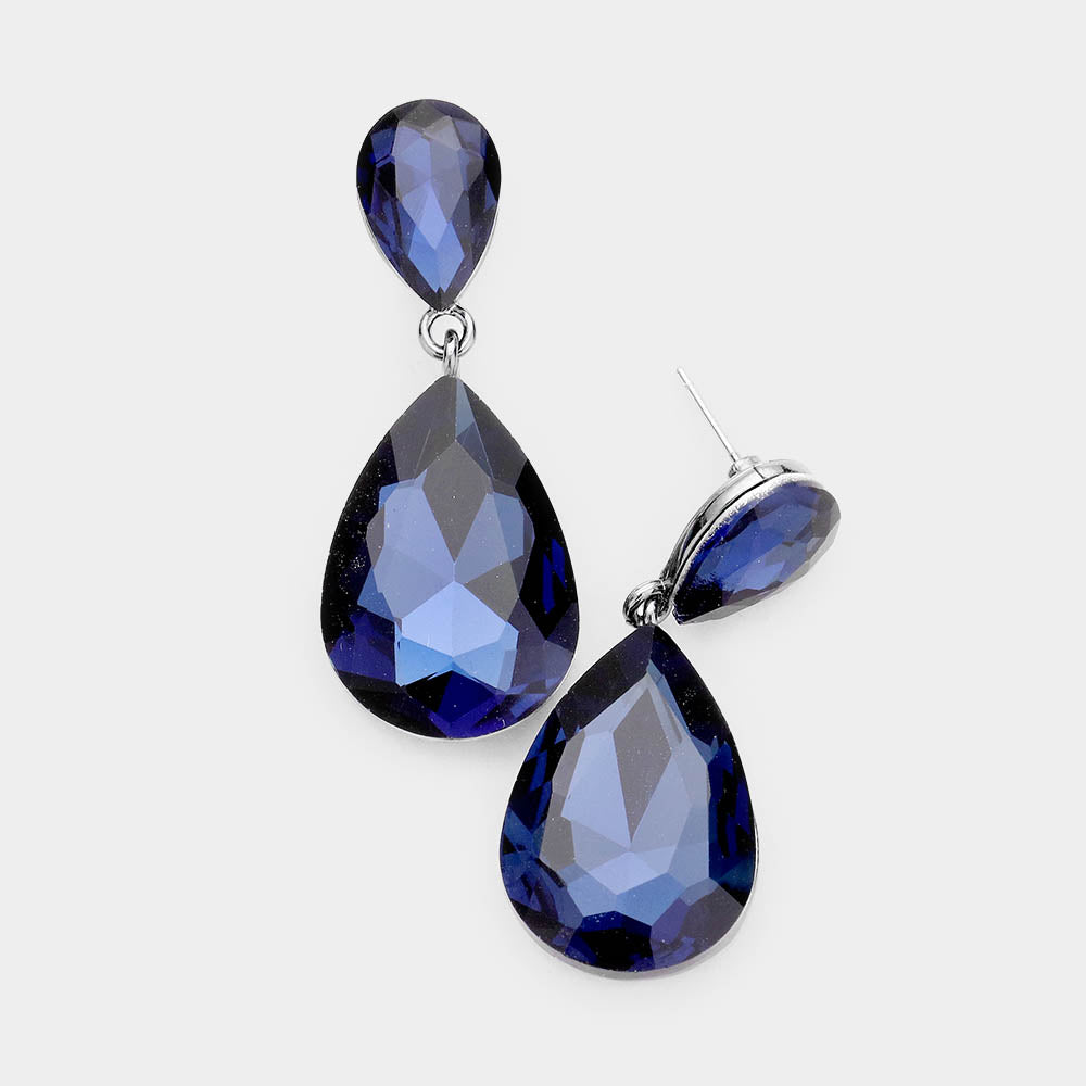 Navy Crystal Double Teardrop Pageant Earrings for Little Girls