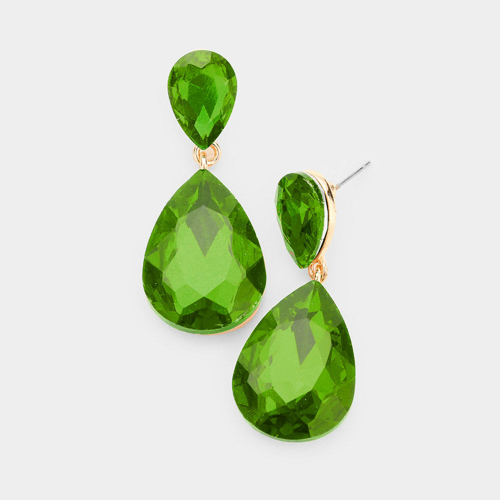 Olive Green Crystal Double Teardrop Pageant Earrings for Little Girls