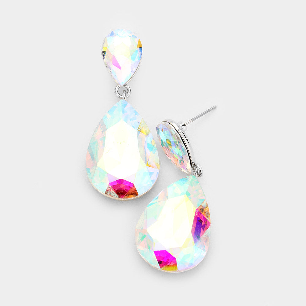 AB on Silver Crystal Double Teardrop Pageant Earrings for Little Girls