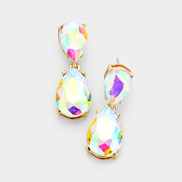 Small AB Crystal Double Teardrop Pageant Earrings on Gold