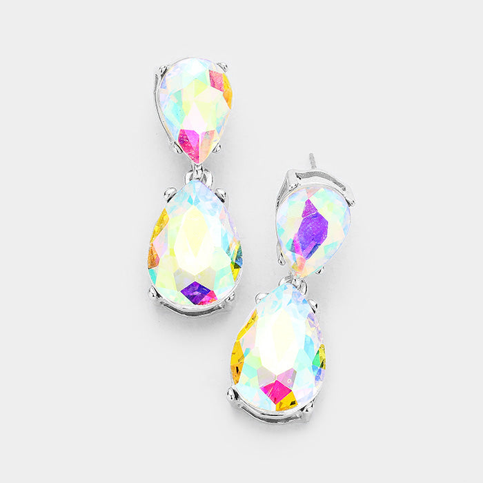 Small AB Crystal Double Teardrop Pageant Earrings
