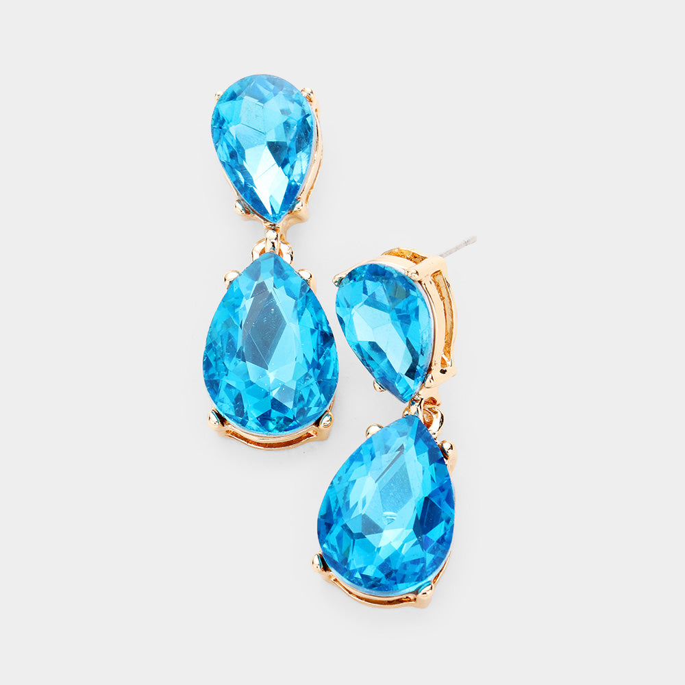 Small Aqua Crystal Double Teardrop Pageant Earrings on Gold