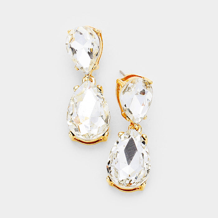 Small Clear Crystal Double Teardrop Pageant Earrings on Gold