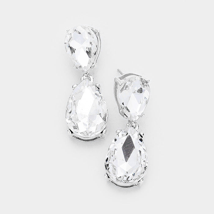 Small Clear Crystal Double Teardrop Pageant Earrings