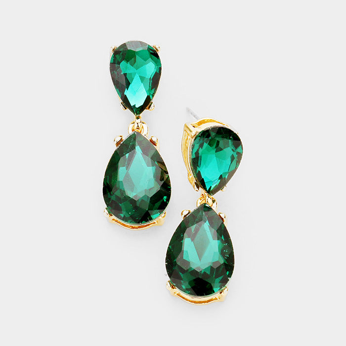Small Emerald Crystal Double Teardrop Pageant Earrings on Gold