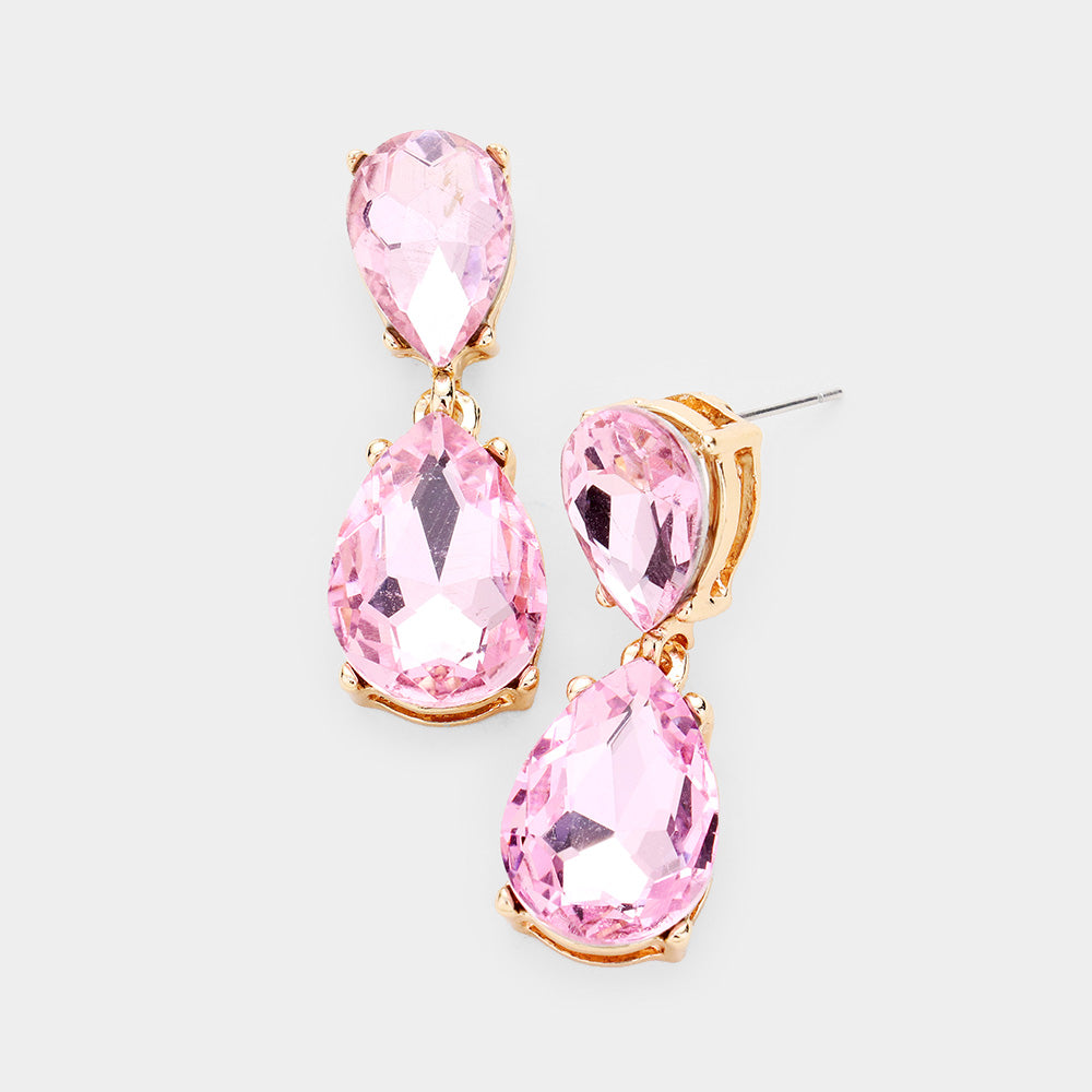 Small Pink Crystal Double Teardrop Pageant Earrings on Gold