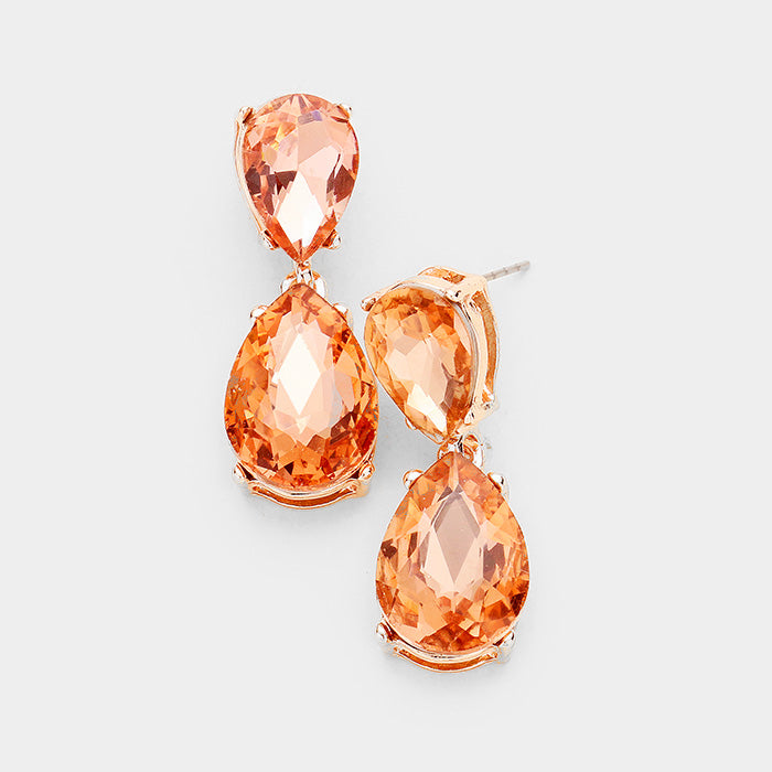 Small Peach Crystal Double Teardrop Pageant Earrings