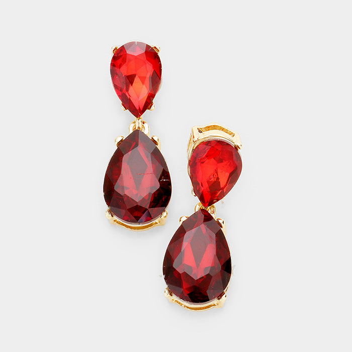 Small Red Crystal Double Teardrop Pageant Earrings