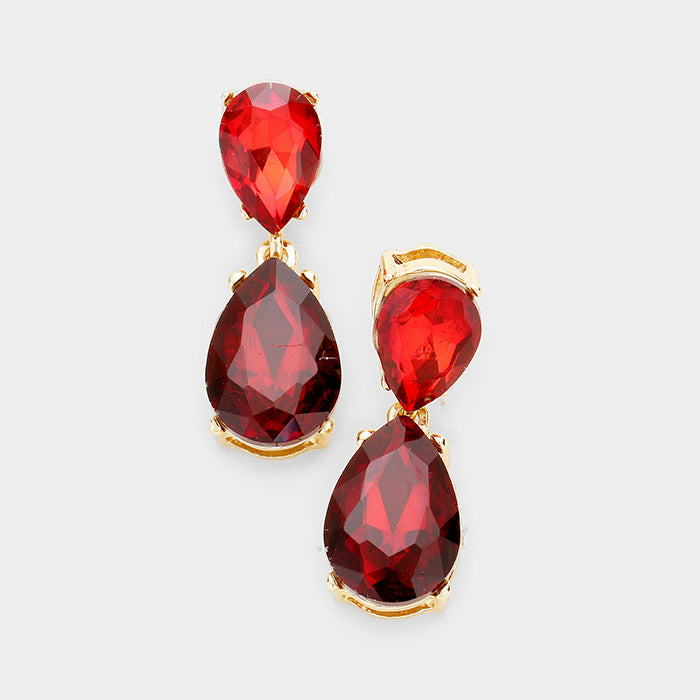 Small Red Crystal Double Teardrop Pageant Earrings 