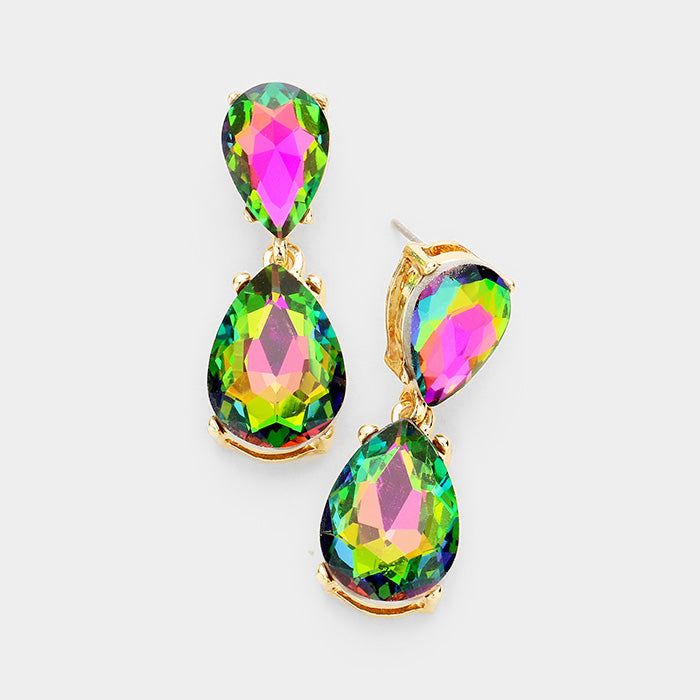 Small Multi-Color Crystal Double Teardrop Pageant Earrings on Gold