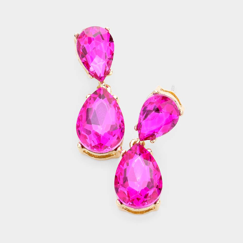 Small Fuchsia Crystal Double Teardrop Pageant Earrings