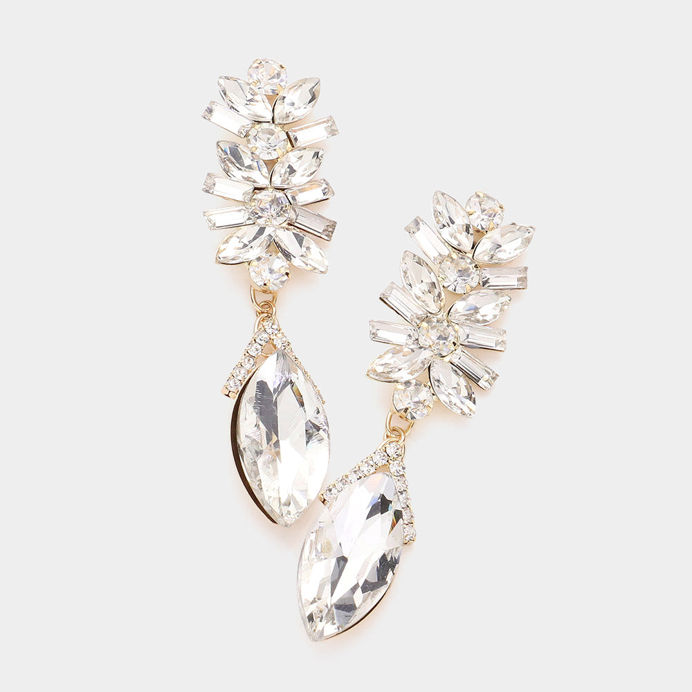 Clear Multi Stone Dangle Pageant Earrings on Gold | Prom Earring