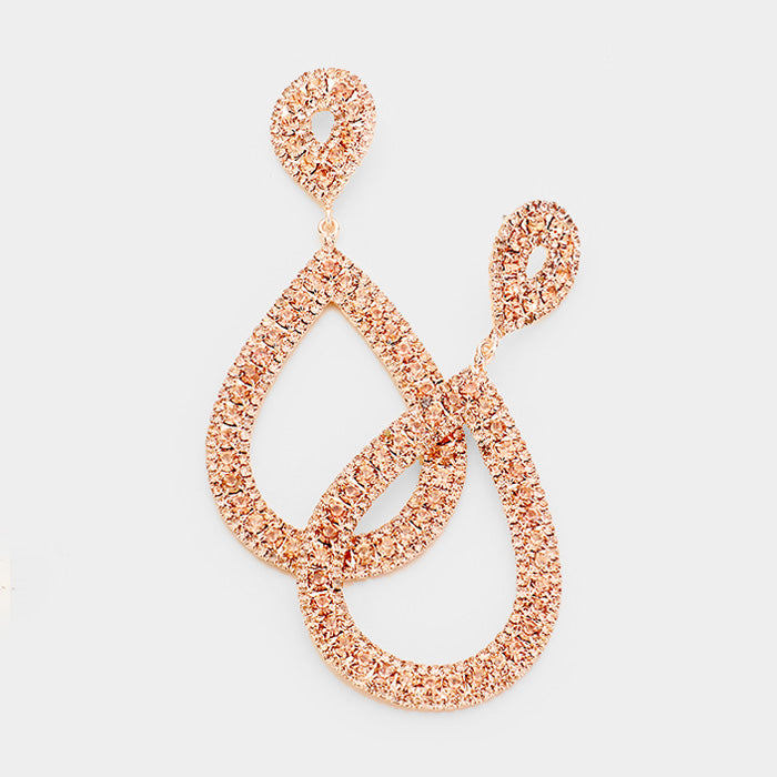 Peach Crystal Rhinestone Teardrop Hoop Earrings