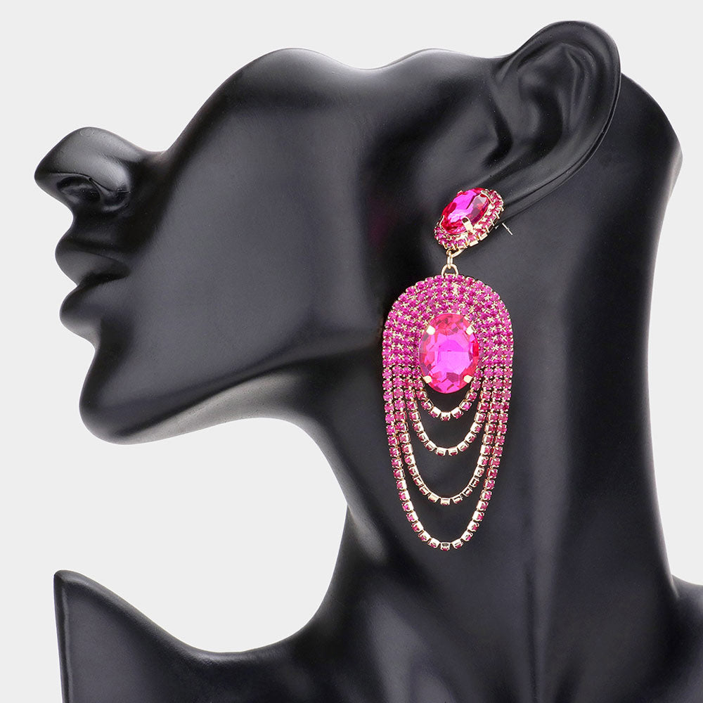 Fuchsia Oval Stone Draped Rhinestone Pageant Earrings | Prom Earrings
