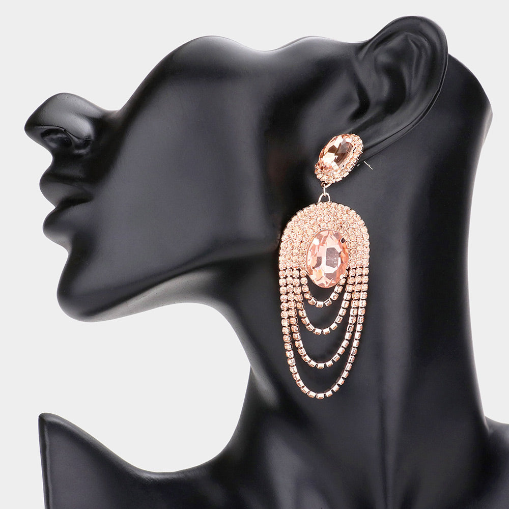 Peach Oval Stone Draped Rhinestone Pageant Earrings | Prom Earrings