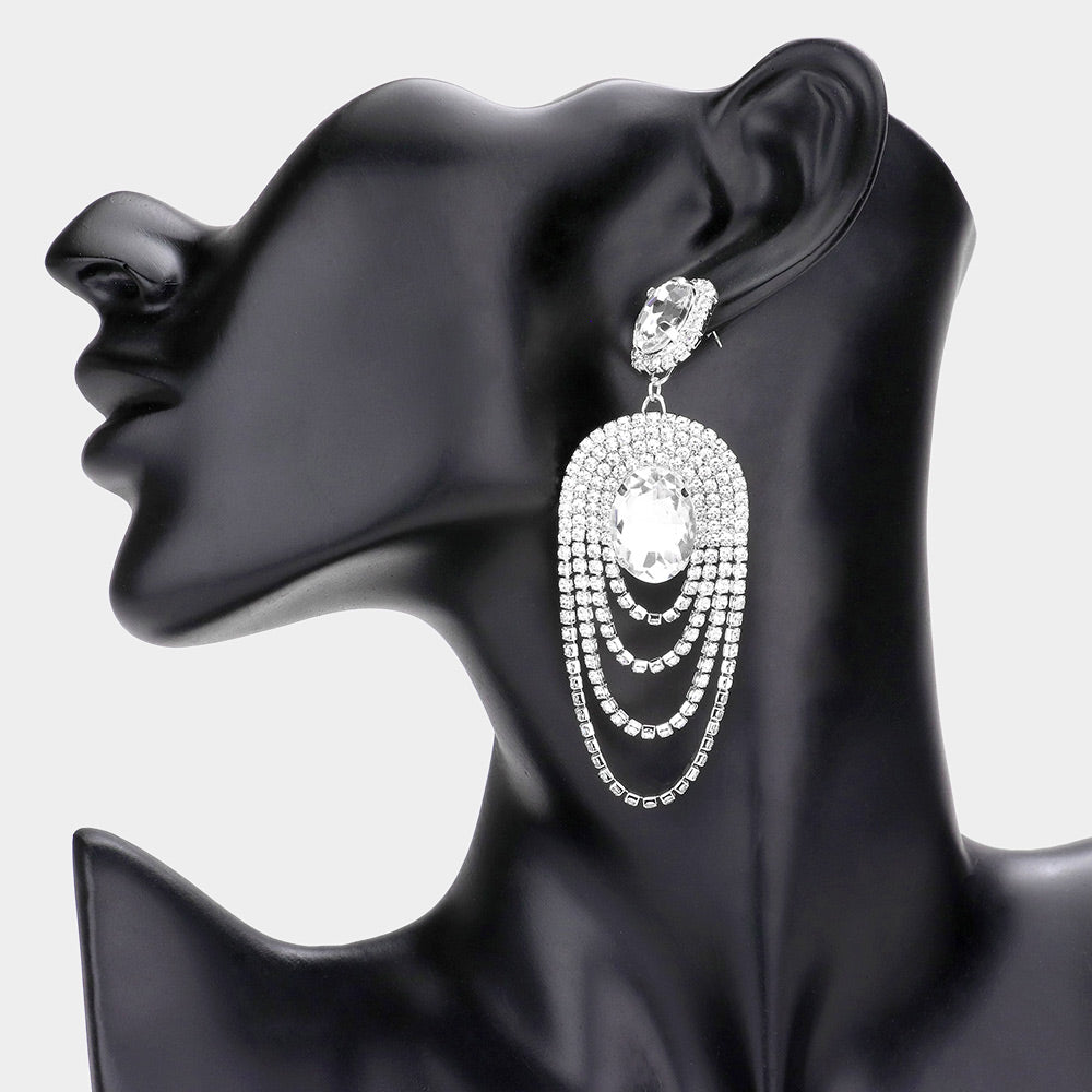 Clear Oval Stone Draped Rhinestone Pageant Earrings | Prom Earrings