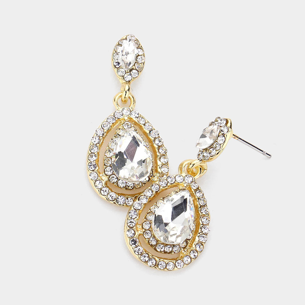 Little Girls Clear Crystal Pageant Earrings on Gold